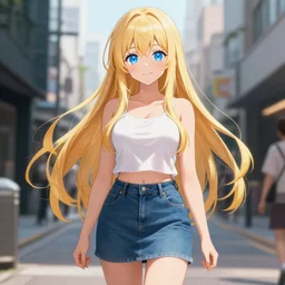 a very beautiful anime girl, full body, long golden hair, sky blue eyes, full round face, short smile, mini jeans skirt, cute top, urban setting, highly detailed, trending on Artstation, Unreal Engine 4k, cinematic wallpaper by Stanley Artgerm Lau, WLOP, Rossdraws, James Jean, Andrei Riabovitchev, Marc Simonetti, and Sakimichan