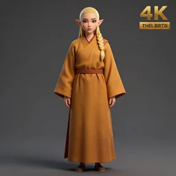 tall female, half elf, short ears, long blonde hair, single braid, almond shaped dark brown eyes, long lashes, big forehead, a round tapered face, sharp nose, full lips, monk clothes, full body illustration, character art, character design, 4 k, 8 k, unreal render, octane render