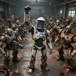 a realistic engineer robot wearing a welding helmet, fist raised high in triumph, standing in front of hundreds of large robots inside a huge rusty dingy warehouse, army of robots, raygun gothic, atomic punk, digital art, detailed octane render, high angle