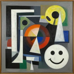 suprematism painting of different shapes, rectangle, circles, happy face, highly detailed, by kasimir malewitsch.