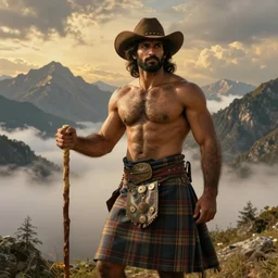a dramatic epic beautiful painting of a very furry handsome shirtless desi man in the mountains | he is wearing a plaid kilt and cowboy hat, and holding a walking stick | background is mountains! and clouds | dramatic lighting, golden hour, homoerotic | by mark maggiori and walter crane | trending on artstation