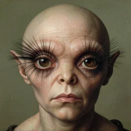close up portrait of a mutant monster creature with very long eyelashes that go up, covering the entire forehead. jan van eyck, walton ford