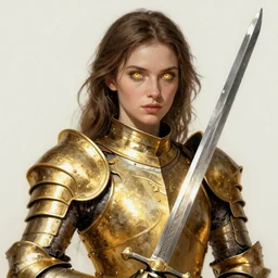 realistic portrait of a woman made of golden armor and golden eyes, shinning sword, fame, 1450, ink, ultra realistic, 8k