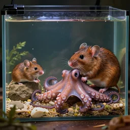 a field mouse sitting besides an octopus, octpus in tank, mouse in box,  well composed, best on artstation, cgsociety, epic, stunning, gorgeous, detailed, wow, masterpiece