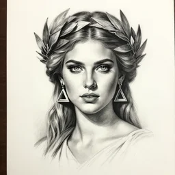 realism tattoo sketch of jennifer hawkins as a beautiful greek goddess aphrodite with piercing eyes wearing a laurel wreath and triangle earrings, in the style of greg rutkowski, amazing detail