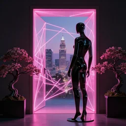 beautiful mannequin sculpted out of black glass by billelis + lit with 3 d geometric neon + city of los angeles in background!!!, facing a doorway opening with neon pink geometric fractal light + flowering bonsai trees, transcendent, clean linework, dramatic, finely detailed, 4 k, trending on artstation, photorealistic, rule of thirds, volumetric lighting, octane render