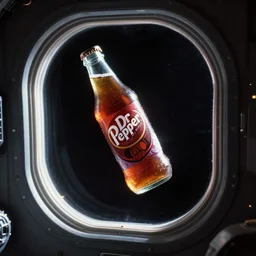 Dr. Pepper bottle floating in space, viewed through the window of a spaceship