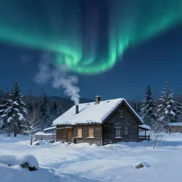 snow - covered house, ( ( smoke from the stove ) ), night, stars in the sky, winter landscape, trees, aurora in the sky, painting by craig mullins, octane rendering, wide angle lens, in the style of hayao miyazaki, trending on artstation,