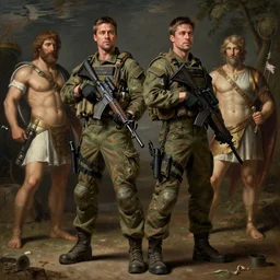 a special operations member that looks like colin farrell and brad pitt, in battle, covert military pants, military boots, greek mythology, oil reinassance painting by cornelis van poelenburgh and dosso dossi, ultra detailed, concept art, 8 k what