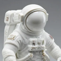 a single close up photo - real delicate ceramic porcelain sculpture of an astronaut wearing helmet with parisian ornaments, detailed on an intricate white surface by victo ngai and takato yamamoto, micro detail, subsurface scattering, translucent, thin porcelain, octane renderer, white color, physically based rendering, trending on cgsociety
