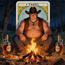 a dramatic, ethereal! painting of a handsome! thicc shirtless mischievous cowboy with a beer belly wearing a leather vest sitting behind a campfire at night with food and jugs of whisky | tarot!! card, art deco, art nouveau | by Mark Maggiori | trending on artstation