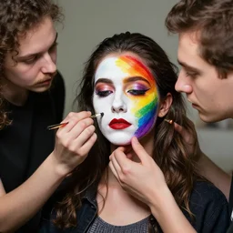 a woman with her face painted in rainbow colors by artgerm and greg rutkowski and rhads