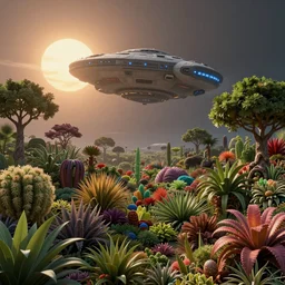 sunrise in alien planet, spaceship in the sky, full of vegetation, colourful plants, trees, matte painting, high detail, artstation