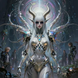 muted vaporwave ombre matte painting beautiful sinister vikingalabaster female skullpunk spirit guardian, sleek euro shades enchanted intergalactic mecha garden, man machine iridescent chimeric beholder polyphemous, power crystals trigger powerful psychotropic frequencies singularity, artgerm, wlop, james jean, andrei riabovitchev, marc simonetti, yoshitaka amano, artstation, cgsociety