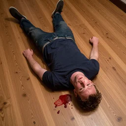 Mark Zuckerberg lying bloody and dead on the woodgrain floor, Greg Rutkowski, Tragic