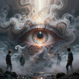 masonic eye, artificial consciousness, delirium, chaotic storm of twisting liquid smoke, by james jean, dan mumford, liam brazier, peter mohrbacher, anato finnstark, swirling fluid smokey enigma, radiant light