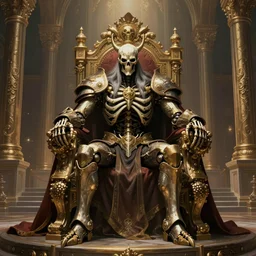 high fantasy skeleton king android sitting on a ornate throne in an ornate palace by Stanley Artgerm Lau, frank frazetta, Rossdraws, James Jean, gerald brom, Andrei Riabovitchev, Marc Simonetti, and Sakimichan, trending on artstation, SFW version