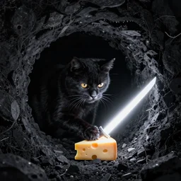 cat in a black hole eating cheese with a lightsaber