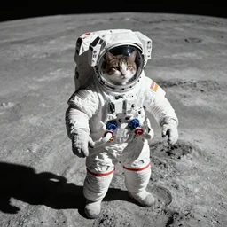 Photograph of a cat in an astronaut suit in the moon