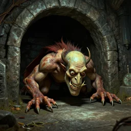 a monster crawling out of a dungeon entrance, Unreal Engine, Octane Render, 4k, video game screenshot, Salvador Dali, Frank Frazetta, Moebius