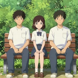 anime cartoon - bench 3 ppl, man, girl and guy, inspired by famous anime artist and most popular anime cartoon