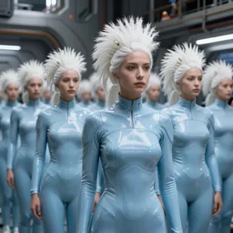 troop of cloned women with white apache hairdos, white hair, tight light blue neopren suits, futuristic production facility, sci - fi, highly detailed, cinematic