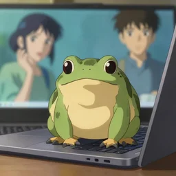 toad sitting on a closed thinkpad laptop, makoto shinkai, james gilleard, ilya kuvshinov, very detailed, matte, gaussian blur, tone mapped