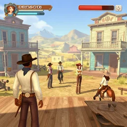 screenshot of gameplay dating simulator game set in 1 8 7 7, interior of old west saloon, featuring african american and japanese cowboys and cowgirls in ghost town with buildings painted bright pastel colors, morning light with mountains in the background