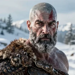 vfx movie live action god of war closeup, natural grizzled skin, tough bald man in furs, grey beard, in snowy tahoe by emmanuel lubezki