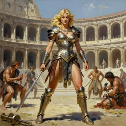 A mixed media painting of a beautiful blonde woman warrior in a coliseum, gladiator armor, very aesthetic, curvy, detailed face and eyes, by Frank Frazetta, Boris Vallejo, Greg Rutkowski, Beeple, Yoko Taro, Christian MacNevin, epic fantasy character art, roman numerals, high fantasy, CGsociety, full length, exquisite detail, post-processing, masterpiece, cinematic, coliseum backdrop