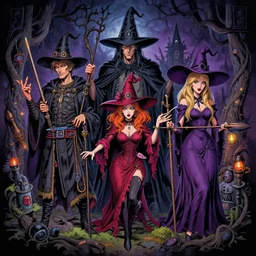 photo of dadcore occult wizards and momcore witches on vacation, by richard corben, rich deep colors. masterpiece. intricate, very coherent symmetrical, cinematic, hyper realism, high detail, octane render, unreal engine, 8 k, smooth gradients, high contrast, depth of field. by katsuhiro otomo, full body character drawing, clean ink detailed line drawing, intricate detail, extremely detailed.