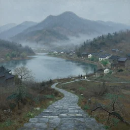 a gorgeous bleak spring landscape painting by barlowe wayne maxfield parrish and marco mazzoni. rainy mood. china mountain village. lonely memorial ceremony. grey blue and very little light verdancy. the winding stone steps. ultra clear detailed. 3 d, octane render. turbulent blood lake. fog, 8 k