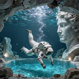 peter tarka, minimalistic, hyperrealistic surrealism, award winning masterpiece with incredible details, epic stunning, astronaut sinking falling underwater infinity pool, a surreal vaporwave liminal space, highly detailed, trending on ArtStation, artgerm and greg rutkowski and alphonse mucha, daily deviation, IAMAG, broken giant marble head statue ruins, illuminated