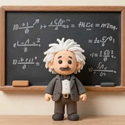 miniature claymation albert einstein standing in front of blackboard with lots of mathematical formulas chalked on