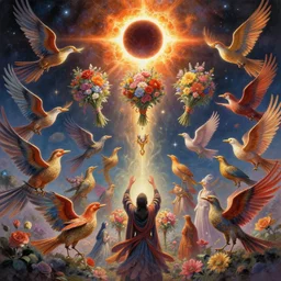 an epic fantastic realism comic book style painting depicting the summoning rituals of glorious birds where the most beautiful flowers launched into space, bouquets, solar eclipse, 8 k, ultra realistic, lens flare, atmosphere, glow, detailed, intricate, full of colour, cinematic lighting, trending on artstation, 4 k, hyperrealistic, focused, extreme details, unreal engine 5, cinematic, masterpiece