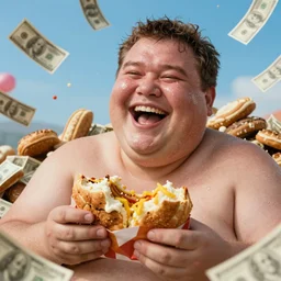 close up portrait of sweating laughing fat men, over piles half eaten rotting fast food, money thrown and floats in the air, hyper realistic photo, full colour, upscale, 8 k, masterpiece,