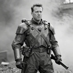 old black and white photo, 1 9 1 3, depicting bruce willis in heavy combat armor and guns, historical record, volumetric fog