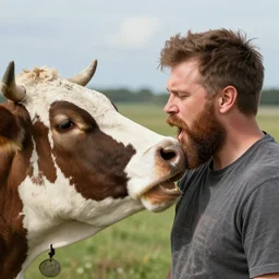 man with a big beard biting a live cow