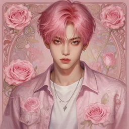 portrait of kpop idol, dreamy and ethereal, casual clothes, fierce expression, intricate, rose tones, highly detailed, digital painting, artstation, concept art, smooth, sharp focus, illustration, art by artgerm and greg rutkowski and alphonse mucha