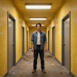 3 d render of jerma 9 8 5, jerma in a liminal space, non - euclidean space, endless halls of an office space, worn mono - yellow 7 0 s wallpaper, old moist carpet, inconsistently - placed fluorescent lighting, high octane, blender, 3 d render