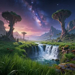 an alien landscape view, alien sky, star in the sky, alien waterfall, alien grass, weird alien trees, alien mountains, epic composition, colorful, 4 k, detailed, realistic