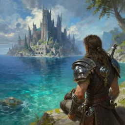 a beautiful painting looking across a crystal clear sea at stormwind city from the warcraft movie, by greg rutkowski and kalin popov, trending on artstation, masterpiece,