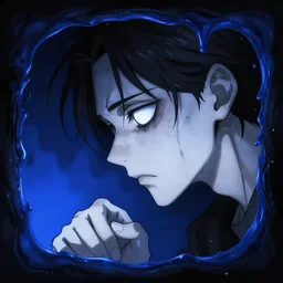 side profile anime movie stylistic poster of a of a very pale skinny young man with big empty sharp empty eyes and sharp cheek bones and a slightly melting head and looking almost dead with sharp facial features and black hair looking sadly down on his hand, the face of the young man is inside a dark blue melting frame made of wierd blue liquid, only black and blue high contrast colour spectrum, melancholic, allegorical style, dark style