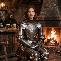 kate beckinsale weared in full plate armor, sit in fantasy tavern near fireplace, behind bar deck with bear mugs, medieval dnd, by Eztli Guardian