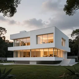 a white luxurious house, brutalist architecture, ( le corbusier ), glass windows, glowing lights, trees, daytime, cloudy sky, sunset, epic lighting, subtle colors, concept art, detailed illustration, centered, hd, 4 k, photorealistic, digital art, greg rutkowski, dan mumford, ruan jia, trending on artstation