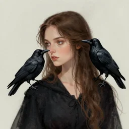 a witch with brown hair and a crow on her shoulder by guweiz.