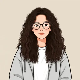A south east asian woman with long curly hair wearing glasses, grey hoodie, white t-shirt, cartoon style, digital art