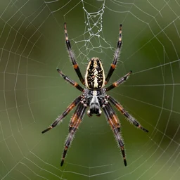 A necrobiotic spider, on its web made of titanium thread, poised to pounce, 8K 35mm macro photography