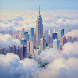 detailed acrylic oil painting showing a dreamy city in the clouds