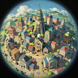 a robot town, animation key shot, fish eye lens, intricate, studio ghibli, pixar, disney line drawing by alena aenami, bloom!!! dramatic lighting, alphonse mucha, blue sky, shadows